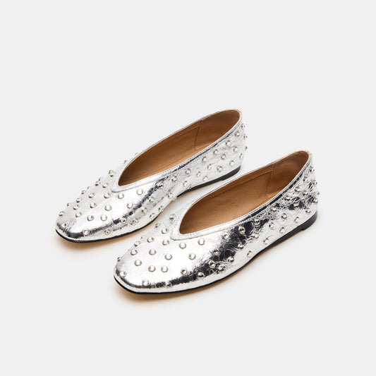 Metallic Silver Elegant Square-Toe Rhinestone Slip-On Flats