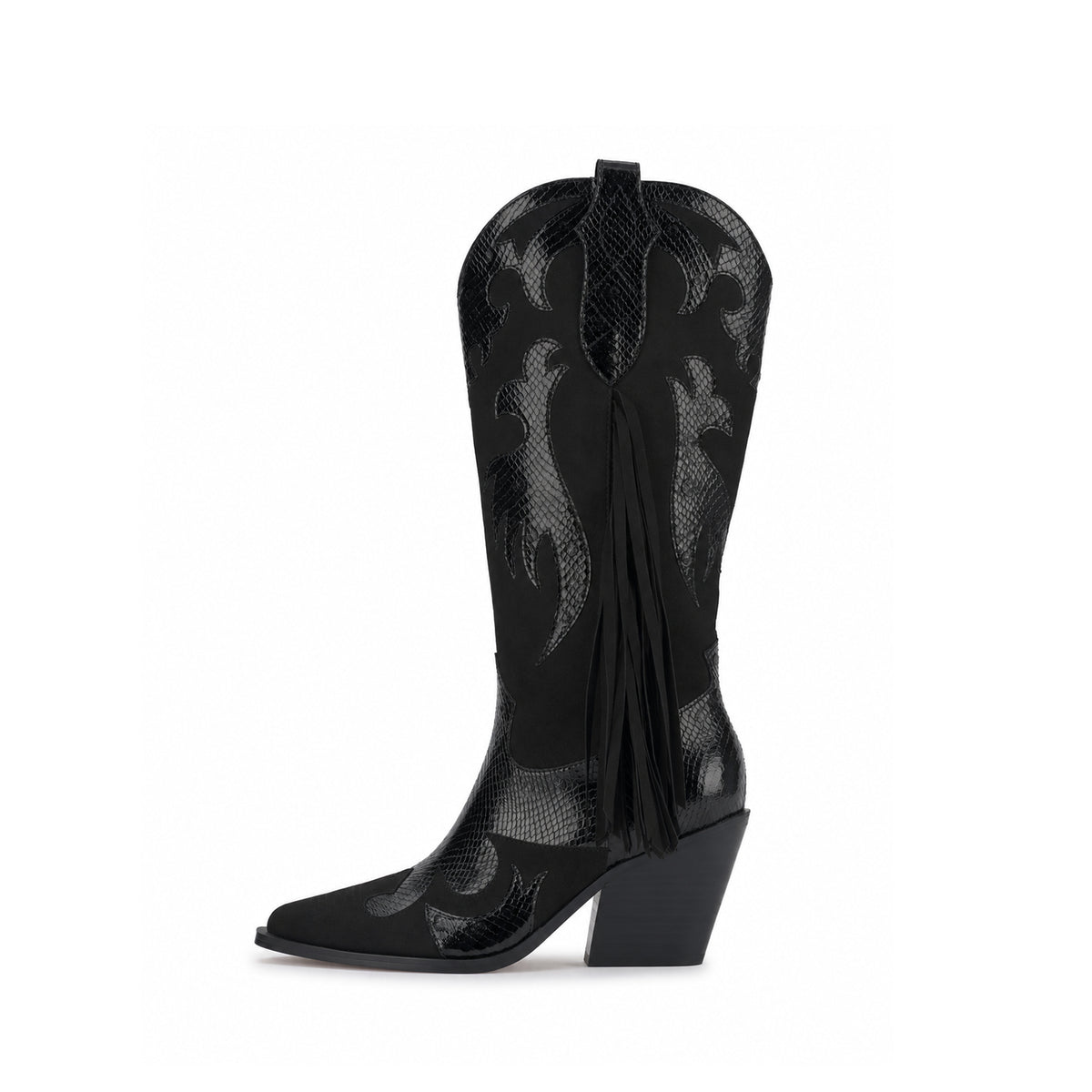 Black And Snakeskin Pattern Almond-Toe Applique And Side Fringe Half-Zip Knee High Cowgirl Boots