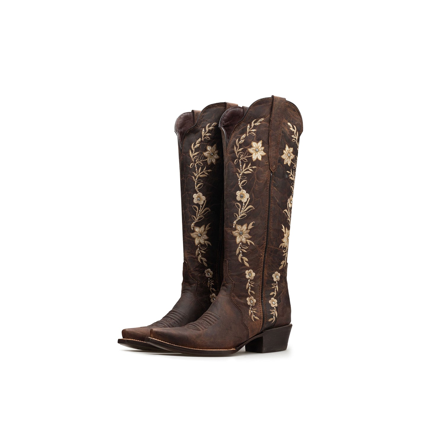 Distressed Coffee Snip-Toe Flower Embroidery Rhinestone Studs Wide Calf Knee High Cowgirl Boots