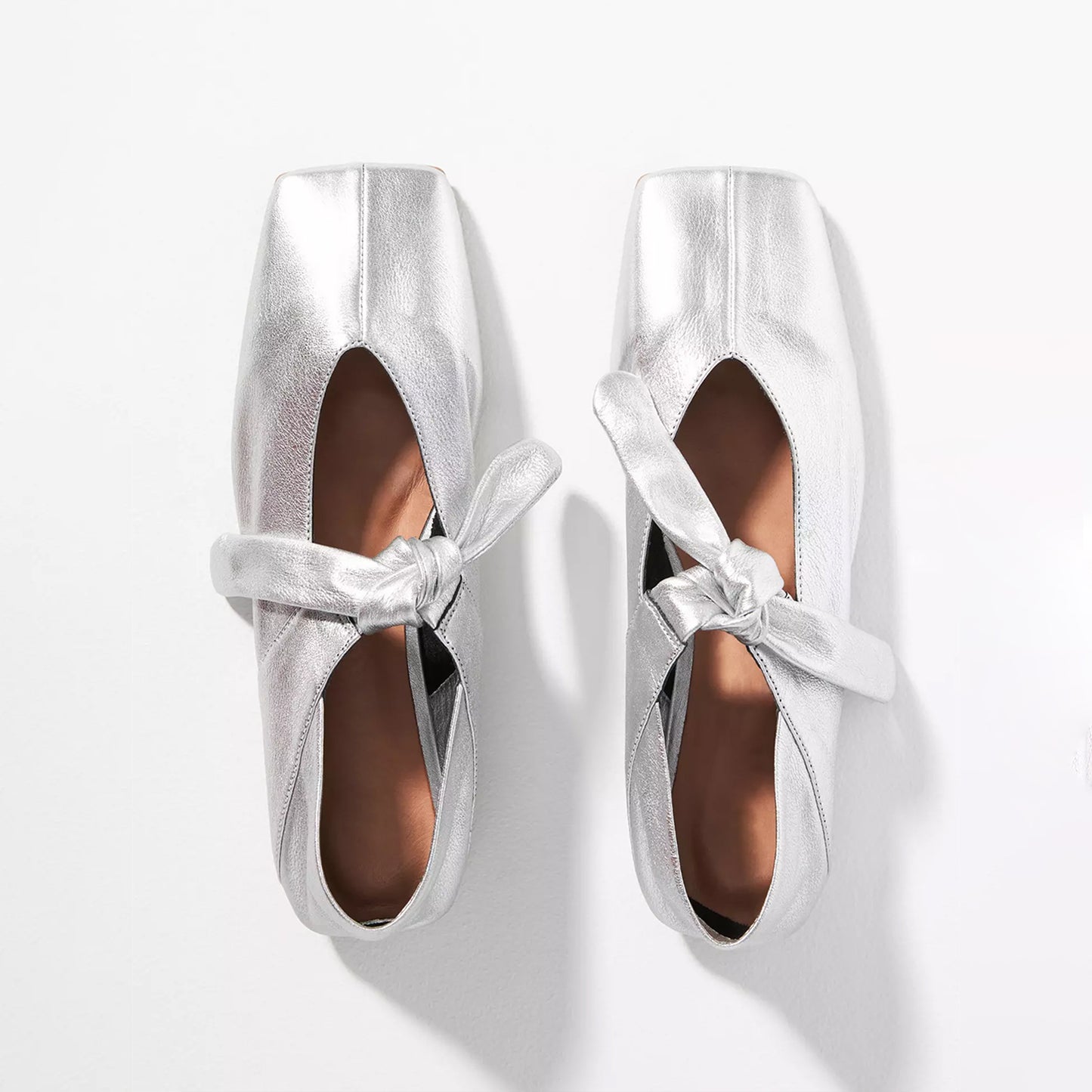 Metallic Sliver Square-Toe Center Lace-Up Ballet Flats