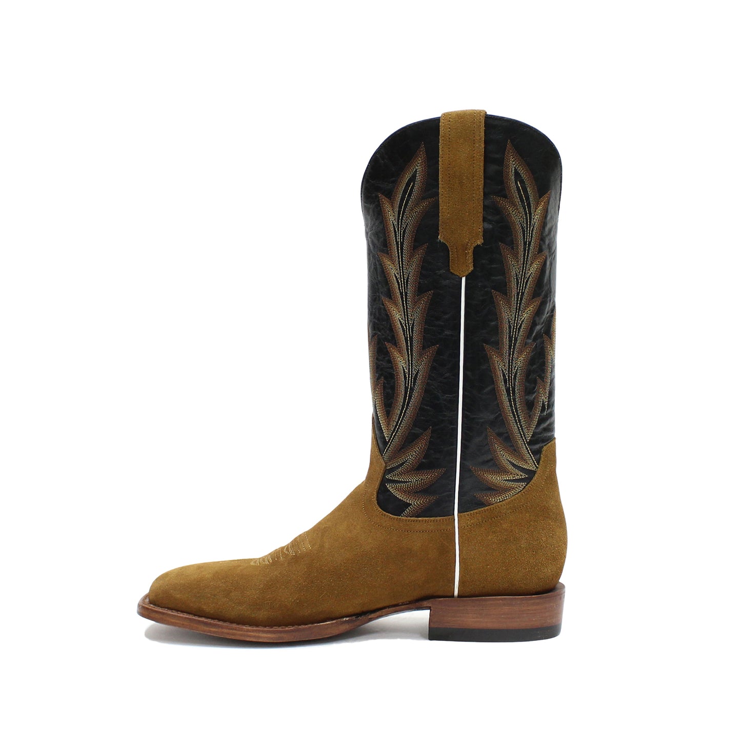 Contrast Black And Brown Square-Toe Embroidery Mid Calf Cowgirl Boots