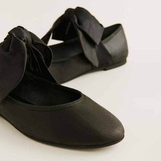 Black Satin Round-Toe Bridge Bow Strap Ballet Flats