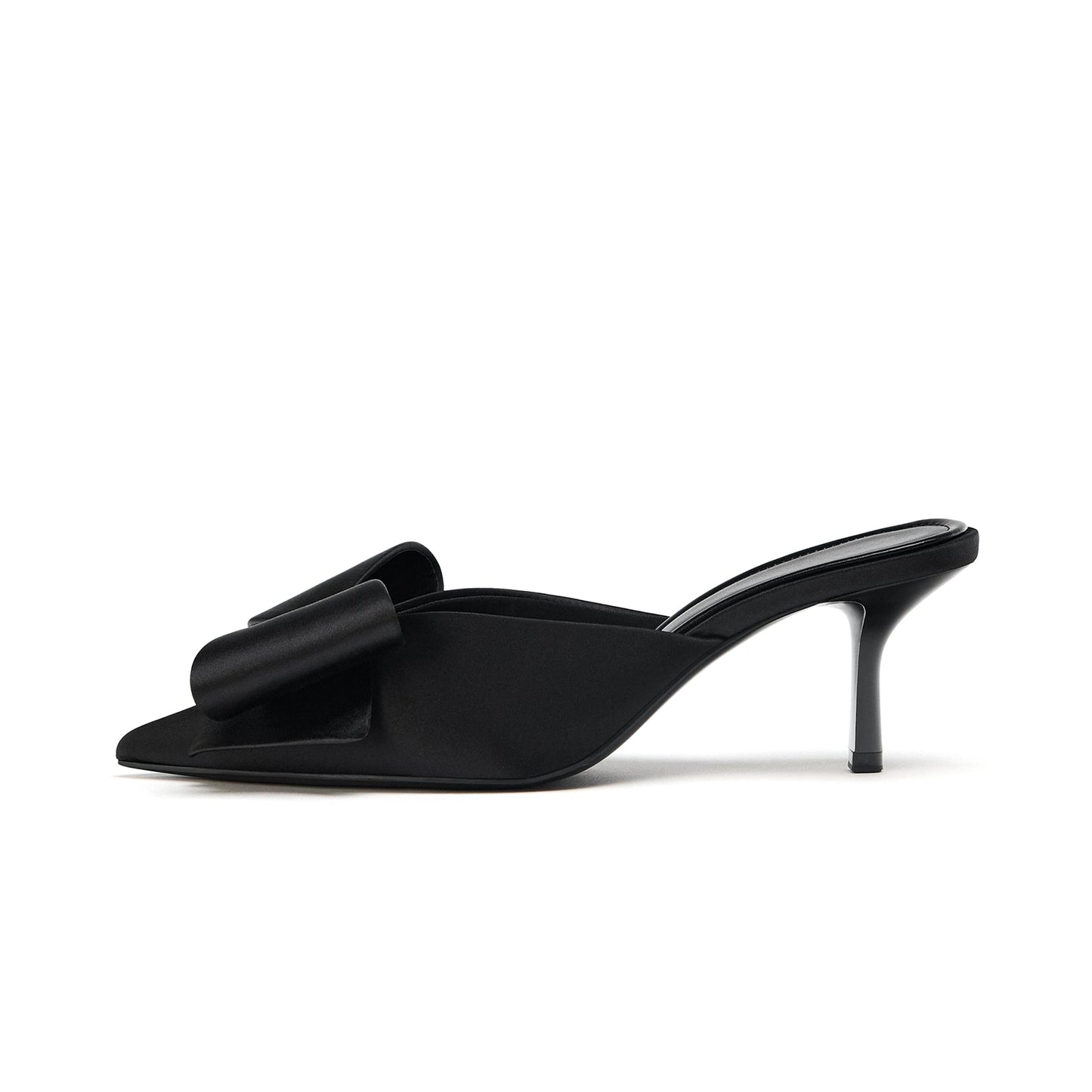 Black Satin Pointed-Toe Maxi Front-Bow Stiletto Kitten Heels