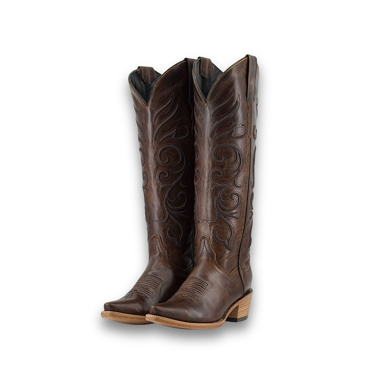 Dark Brown Snip-Toe Sleek Embroidery Wide Calf Knee High Cowgirl Boots