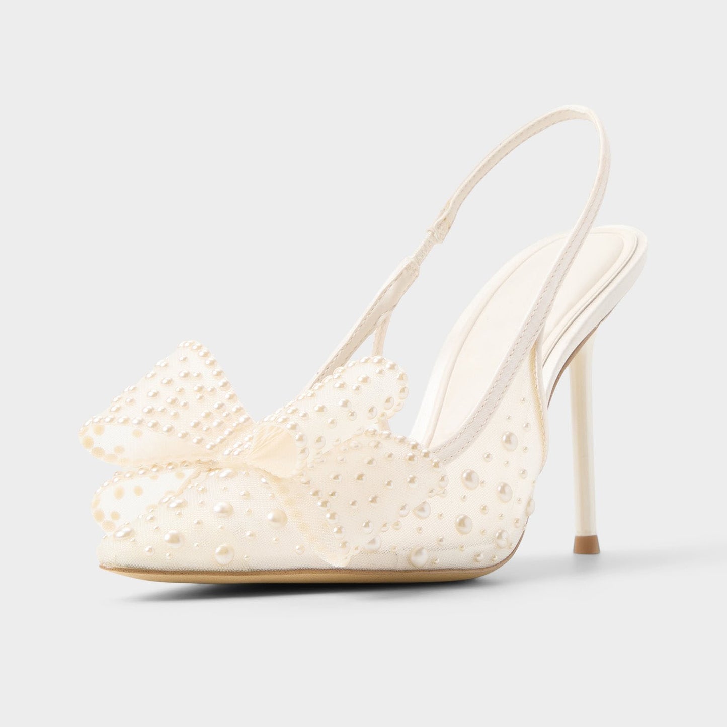 Ivory Satin And Mesh Pointed-Toe Full Pearl And Front Bow Slingback High Heels