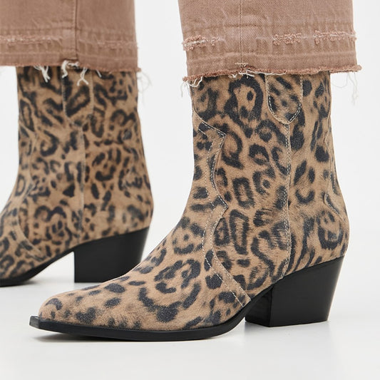 Leopard Faux Suede Pointed-Toe Ankle Cowgirl Boots