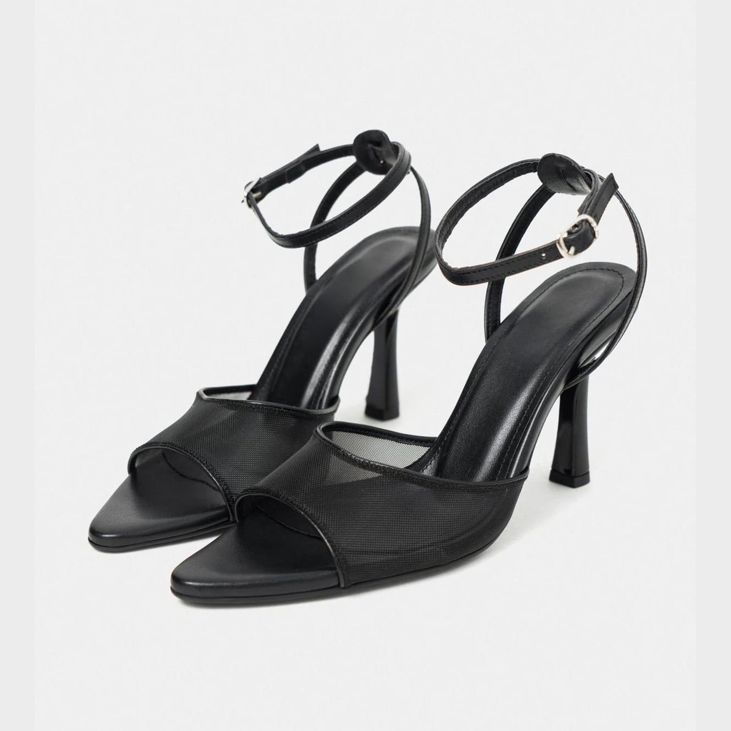 Black Mesh And Vegan Leather Pointed-Toe Slingback Ankle Strap Pumps High Heels