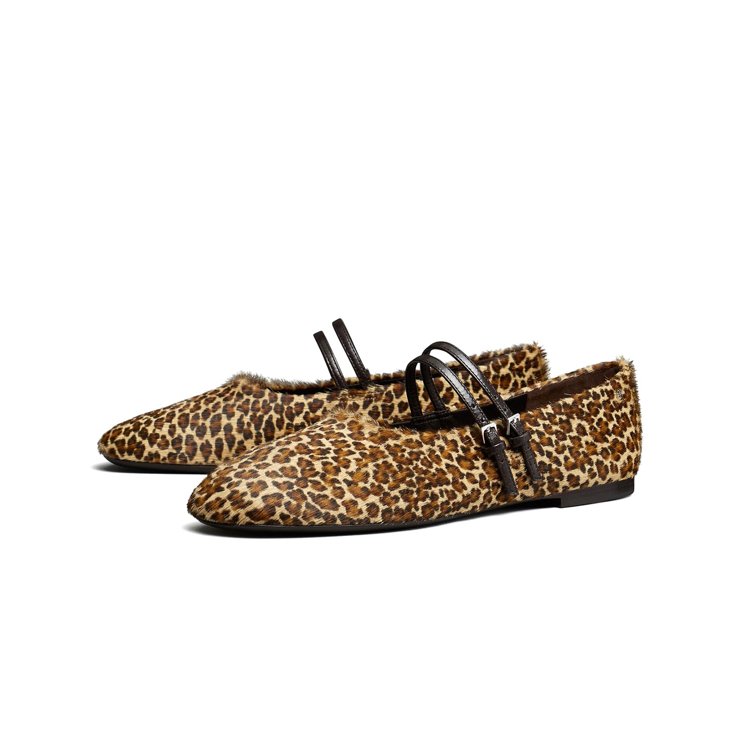 Leopard Pony Hair Square-Toe Double Bridge Straps Ballet Flats