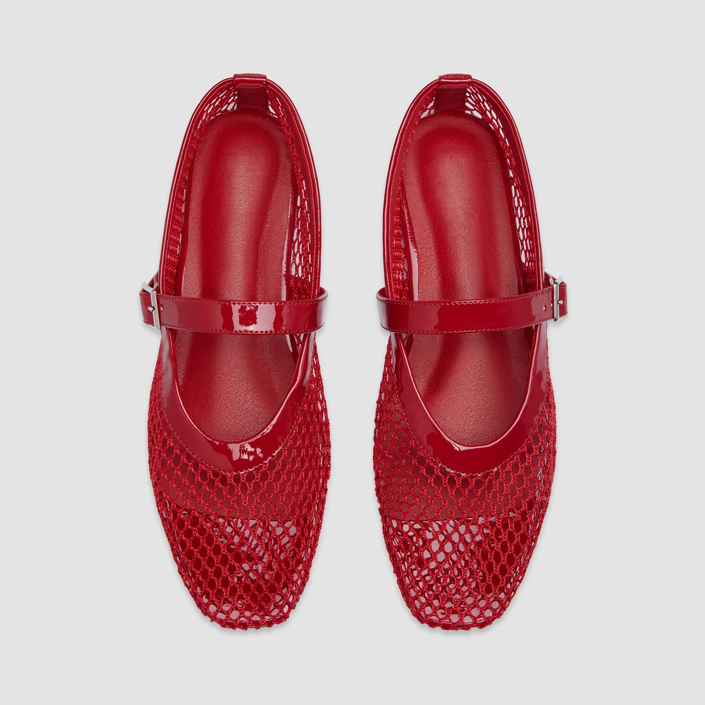 Red Mesh And Patent Leather Square-Toe Mary Jane Ballet Flats