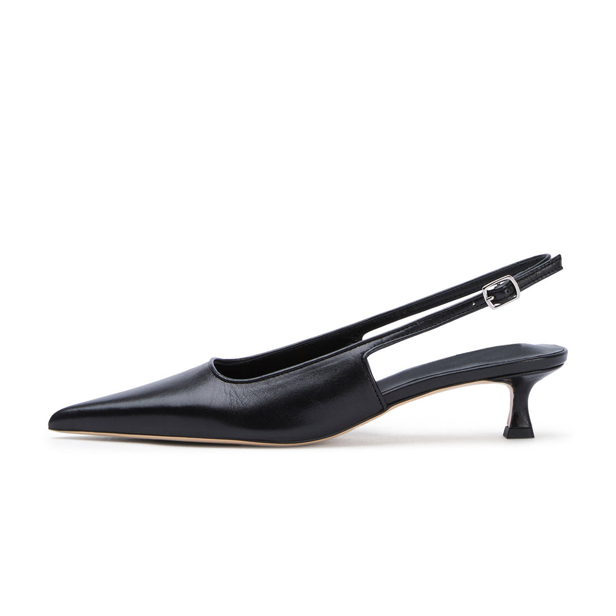 Chic Pointed-Toe Buckle Slingback Kitten Heels - Black
