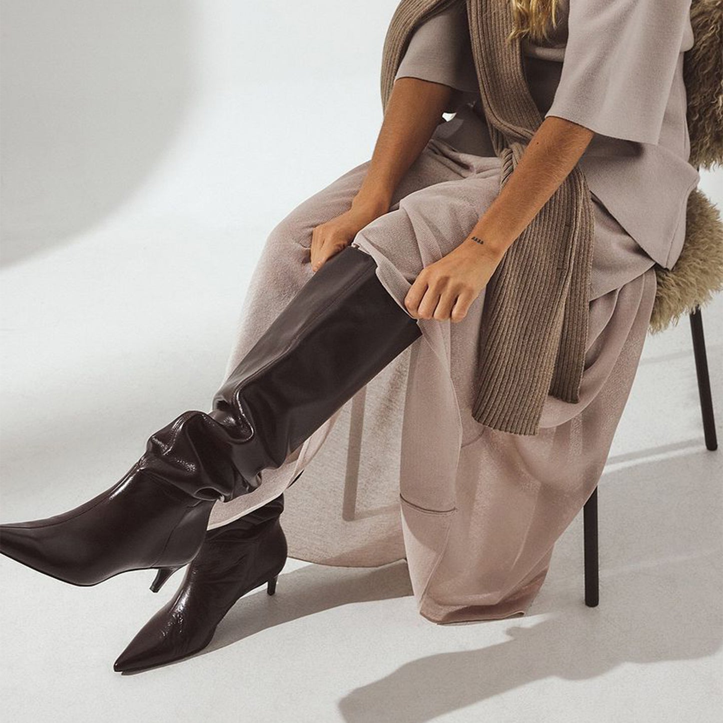 Brown Pointed-Toe Slouchy Wide Calf Knee High Stiletto Boots