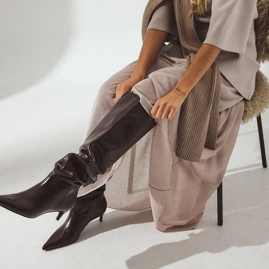 Brown Pointed-Toe Slouchy Wide Calf Knee High Stiletto Boots