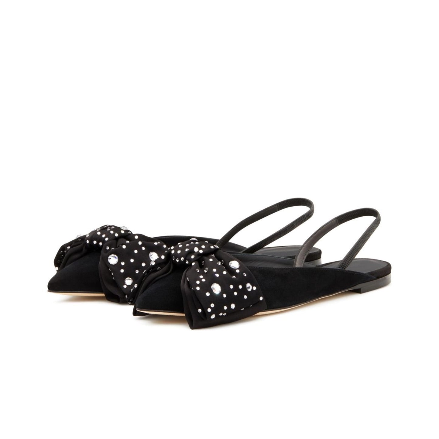 Black Faux Suede Pointed-Toe Front Bow With Rhinestones Slingback Flats