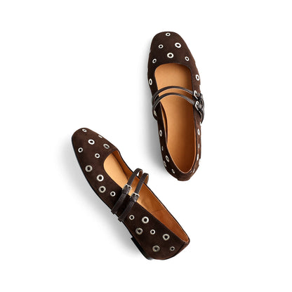Cocoa Faux Suede Square-Toe Eyelet Double Buckle Bridge Strap Flats