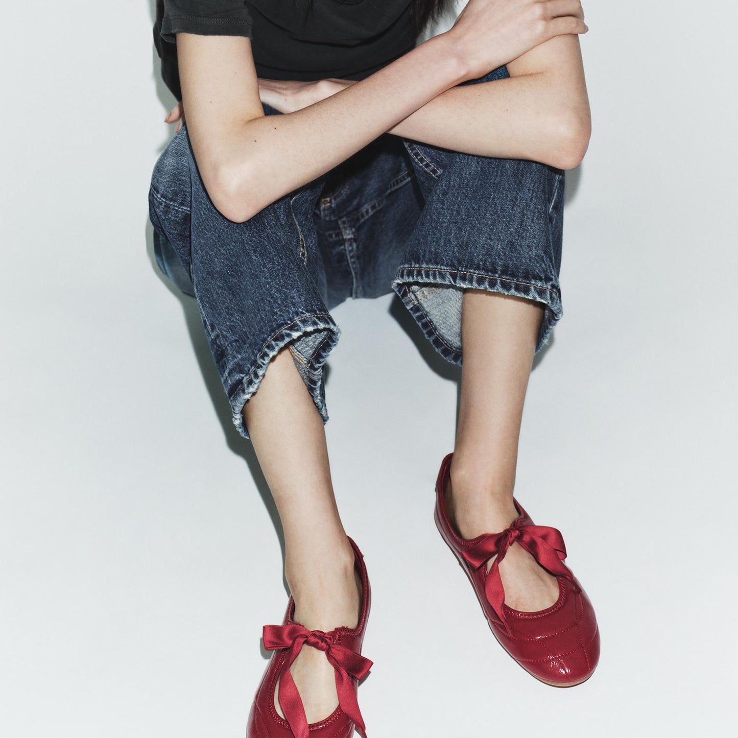 Patent Red Round-Toe Chic Stitch Bridge Strap Flats