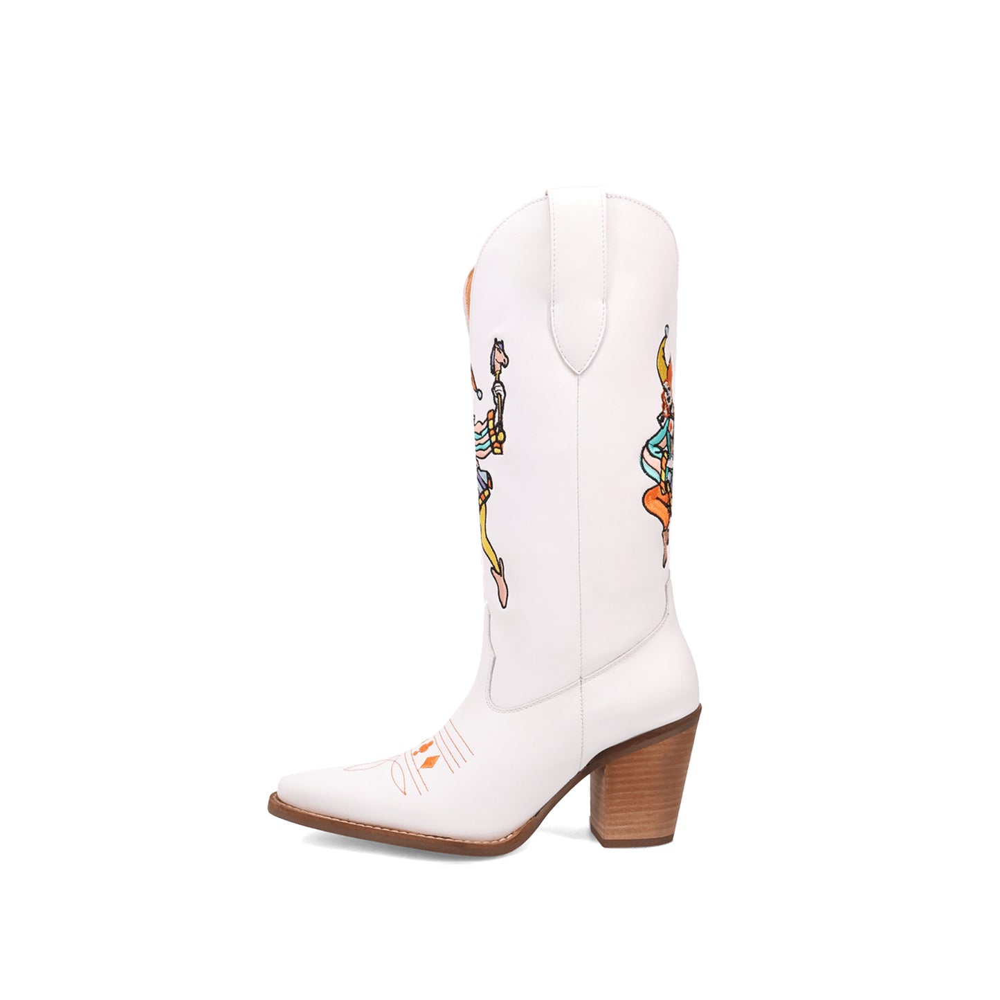 White Snip-Toe Joker Embroidery Mid Calf Cowgirl Boots