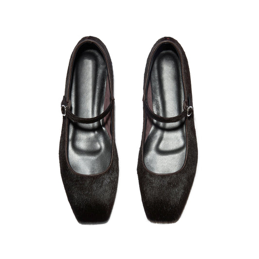 Chocolate Pony Hair Vegan Leather Square-Toe Mary Jane Flats