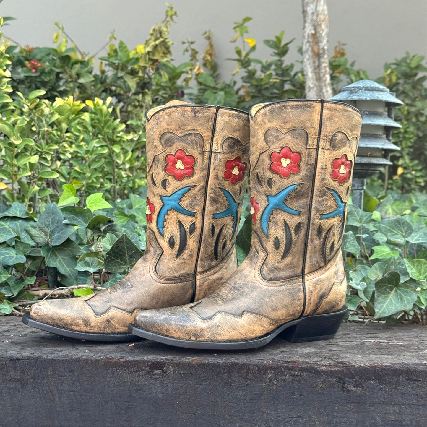 Distressed Tan Snip-Toe Bird And Flower Inlays Mid Calf Cowgirl Boots