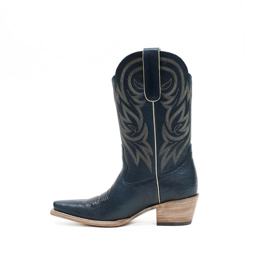 Dark Blue Snip-Toe Western Embroidery Mid Calf Cowgirl Boots