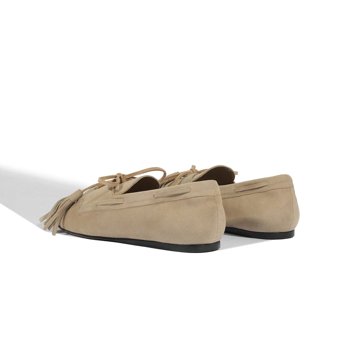 Light Khaki Faux Suede Square-Toe Front Bow With Fringe Slip-On Flats