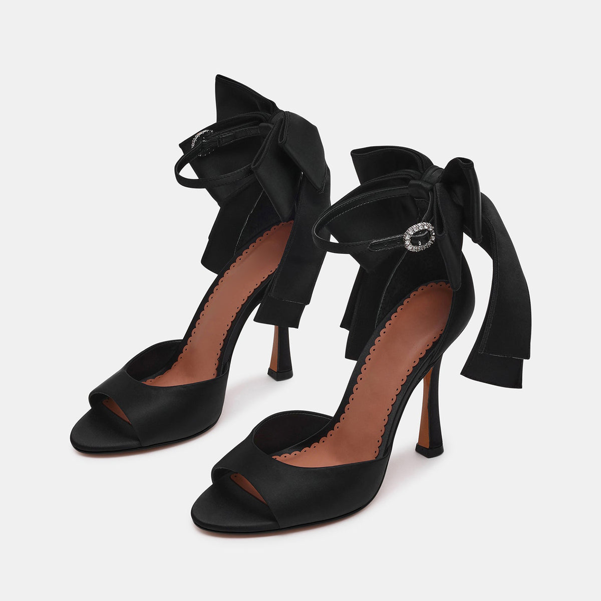 Black Satin Round-Toe Back Big Bow And Ankle Strap Chic High Heels
