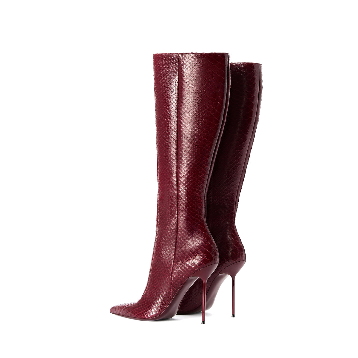 Red Snakeskin Pattern Chic Pointed-Toe Simple Full-Zip Knee High Stiletto Boots