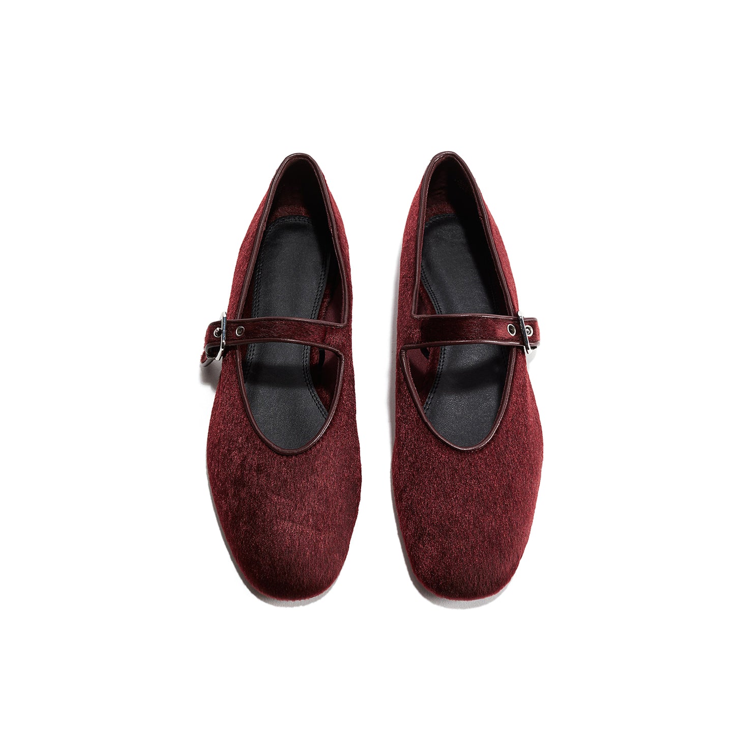 Burgundy Pony Hair Square-Toe Bridge Strap Ballet Flats