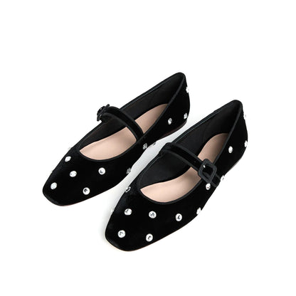 Black Velvet Square-Toe Bridge Strap Ballet Flats With Rhinestones