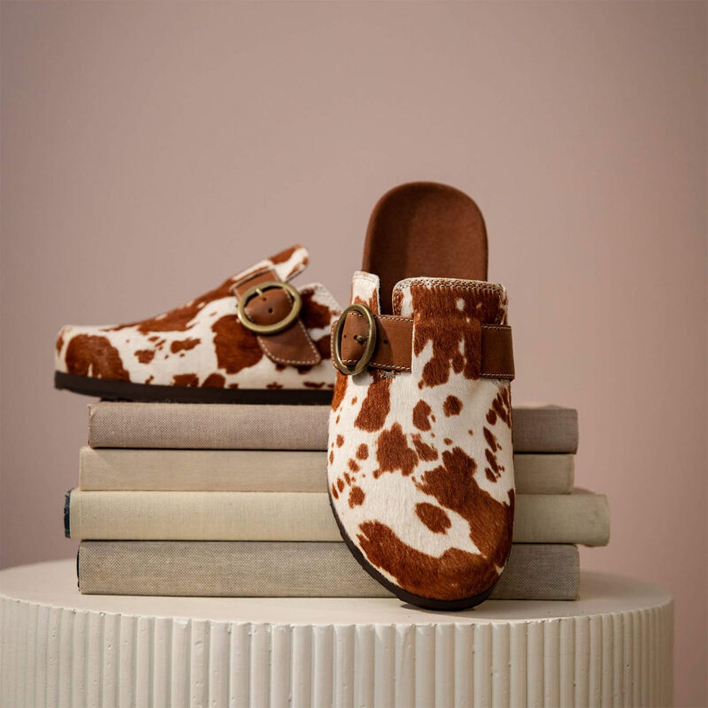 Cow Pattern Pony Hair And Cow Suede Square-Toe Backless Chic Mules Flats