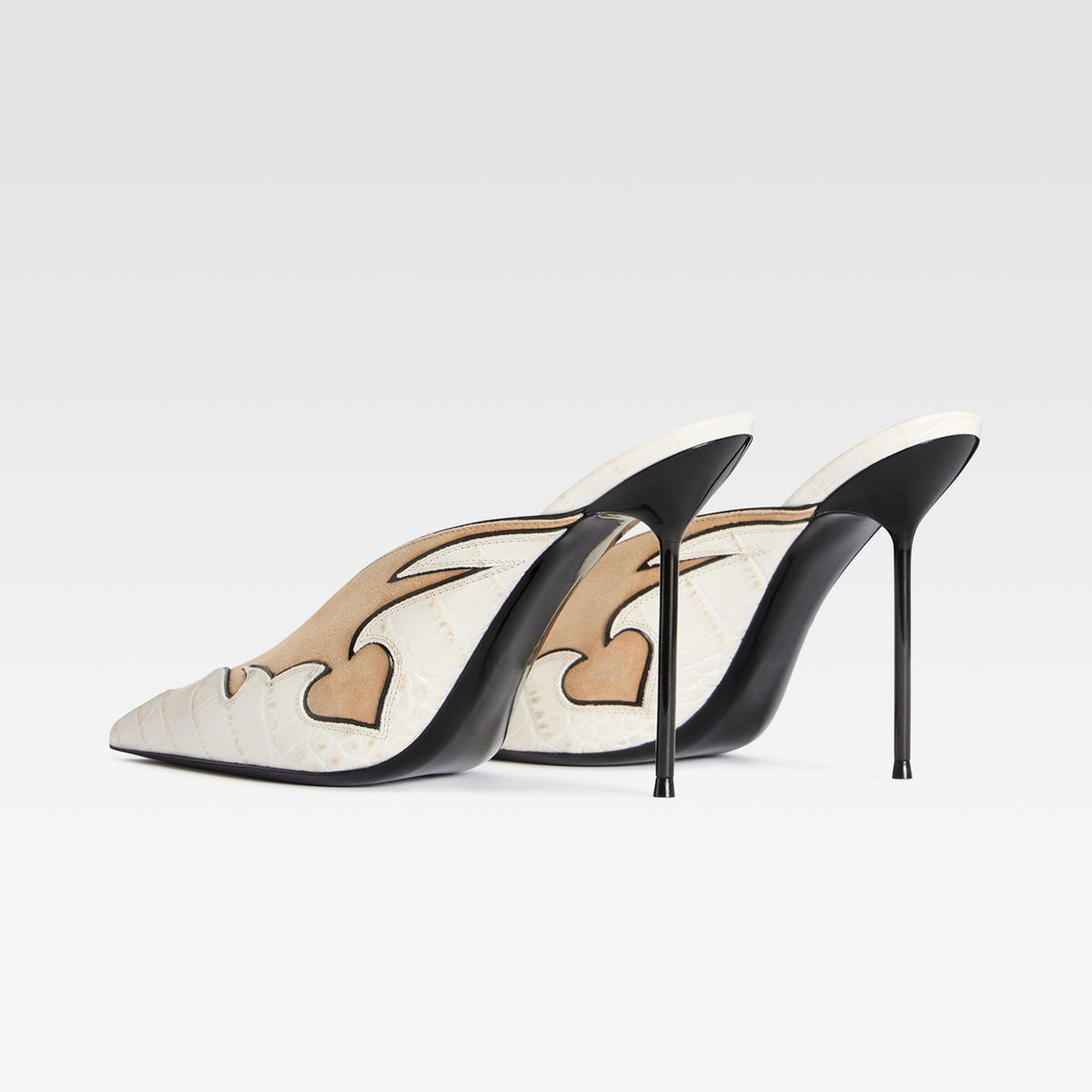 Beige Faux Suede And Crocodile Pattern Pointed-Toe Backless Slip-On High Heels
