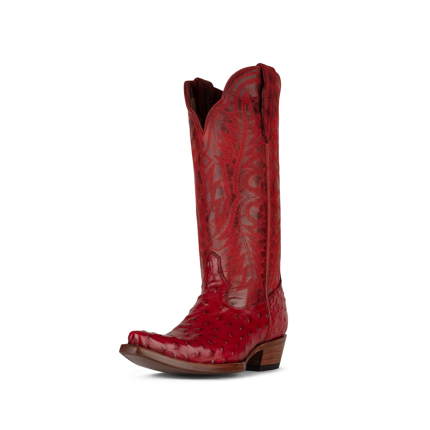 Red Contrast Vegan Leather And Ostrich Print Snip-Toe Embroidery Mid Calf Cowgirl Boots