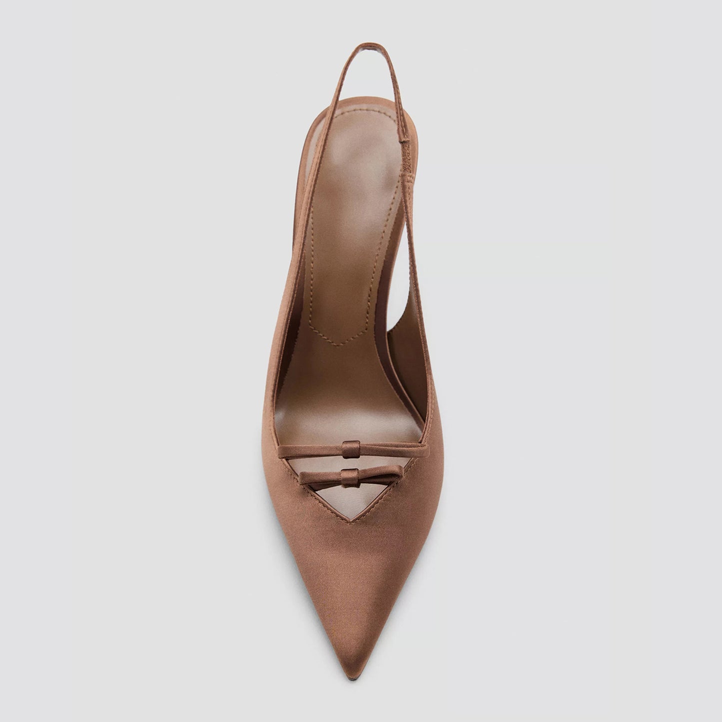 Chocolate Satin Pointed-Toe Front Double Knots Slingback High Heels