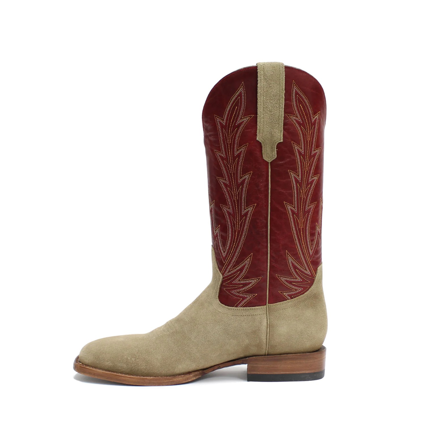 Contrast Red And Sand Square-Toe Embroidery Mid Calf Cowgirl Boots