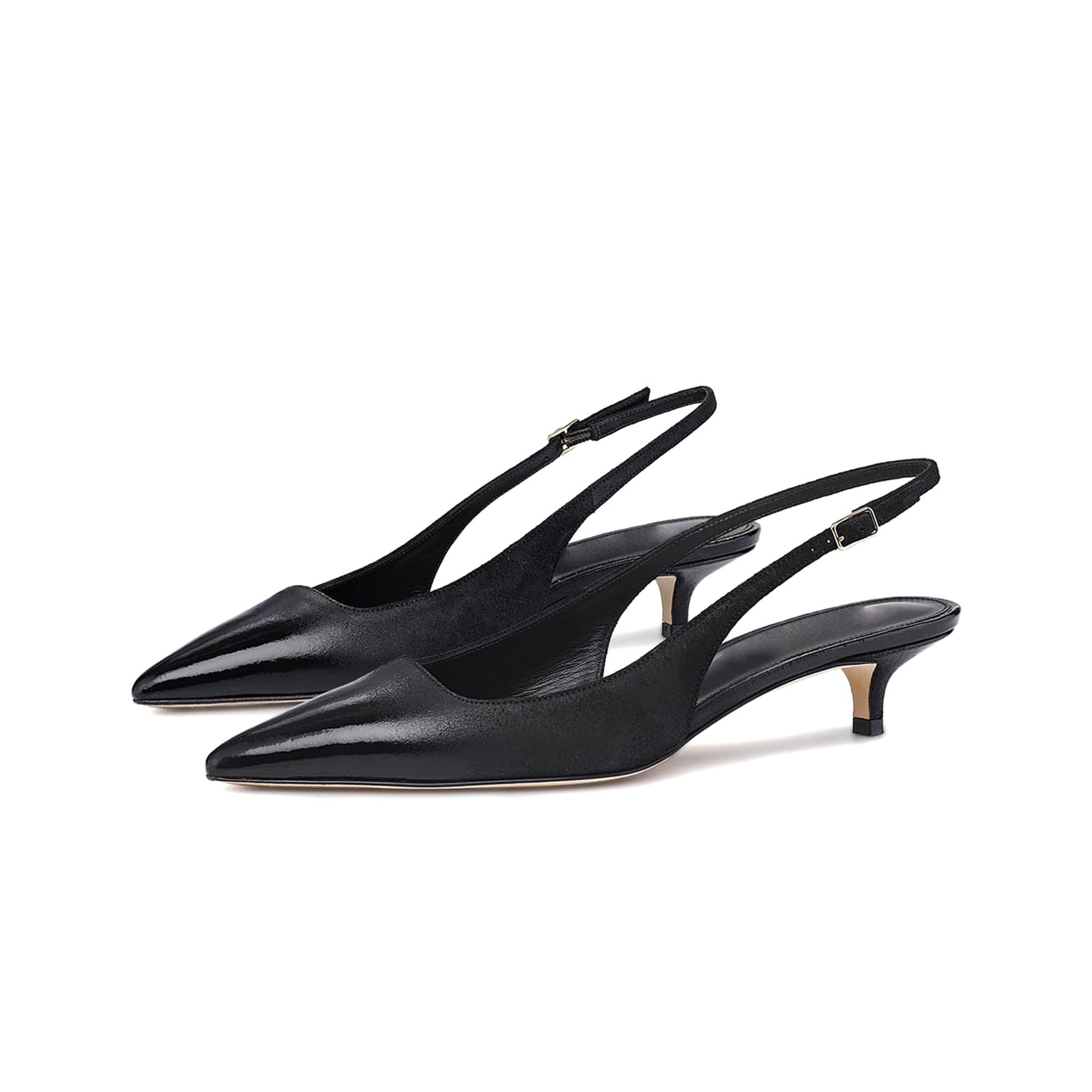 Black Pointed-Toe Simple Slingback Slip-On Kitten Heels