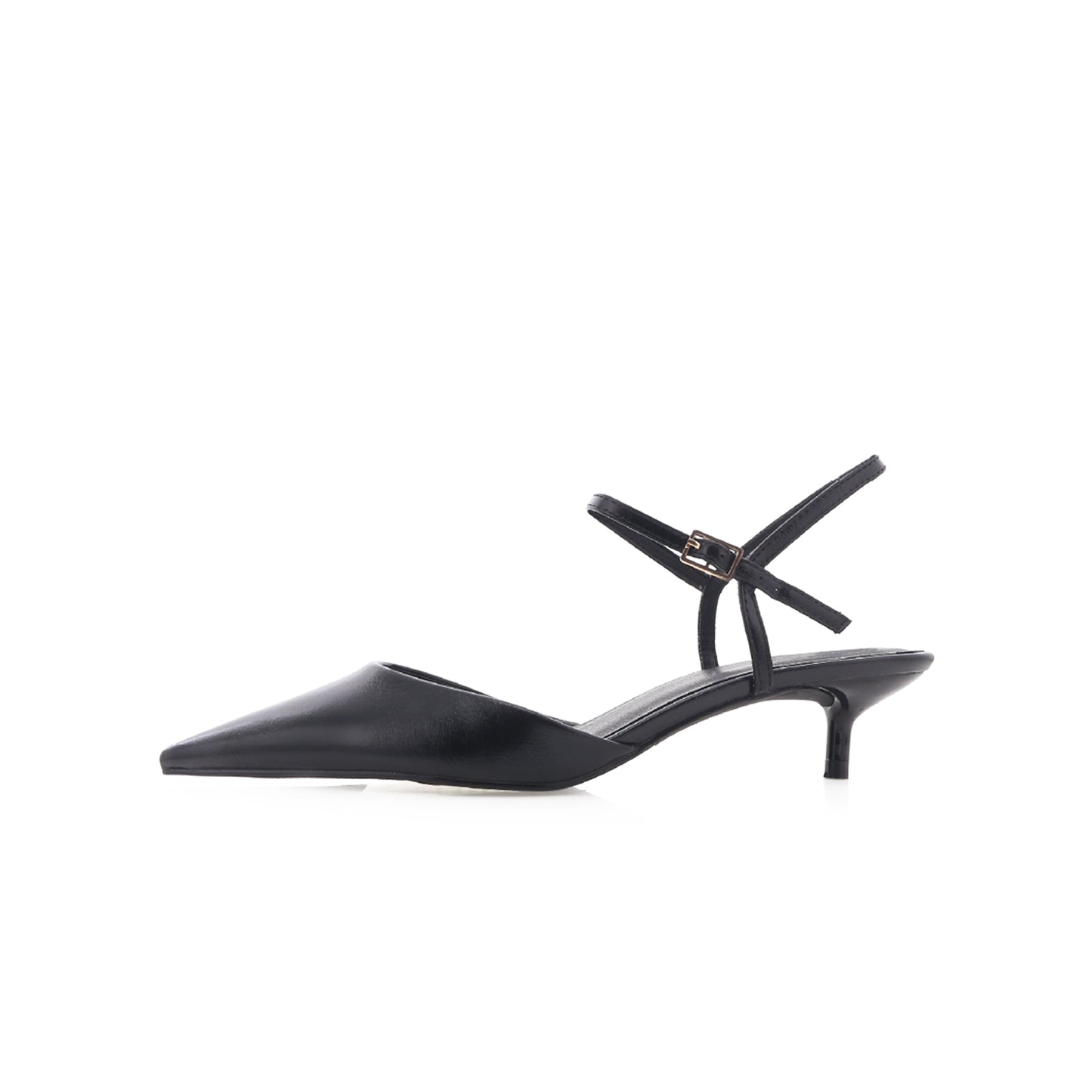 Black Pointed-Toe Adjustable Buckle Ankle Strap Kitten Heels