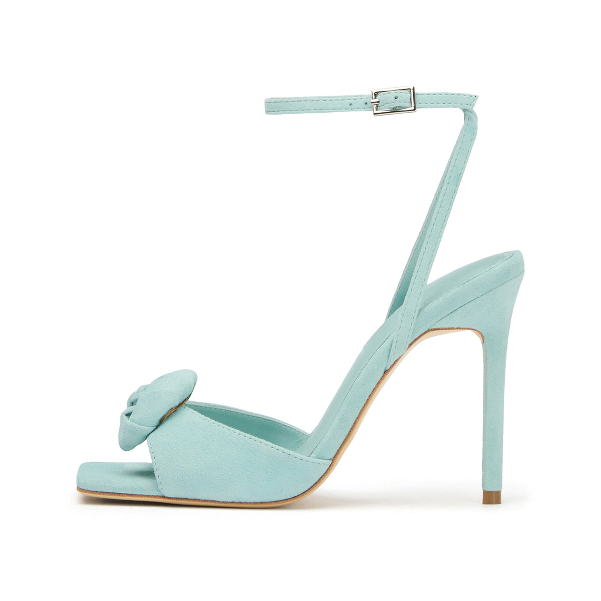 Turquoise Faux Suede Square-Toe Front Rose Ankle Strap High Heels