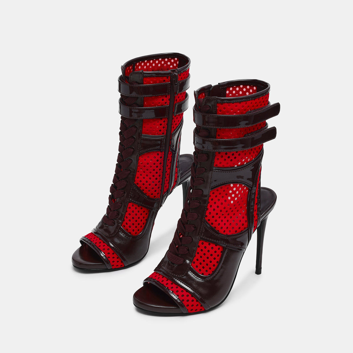 Black Vegan Leather And Red Mesh Peep Round-Toe Front Lace-Up Strappy Side Full-Zip Stiletto Shoes
