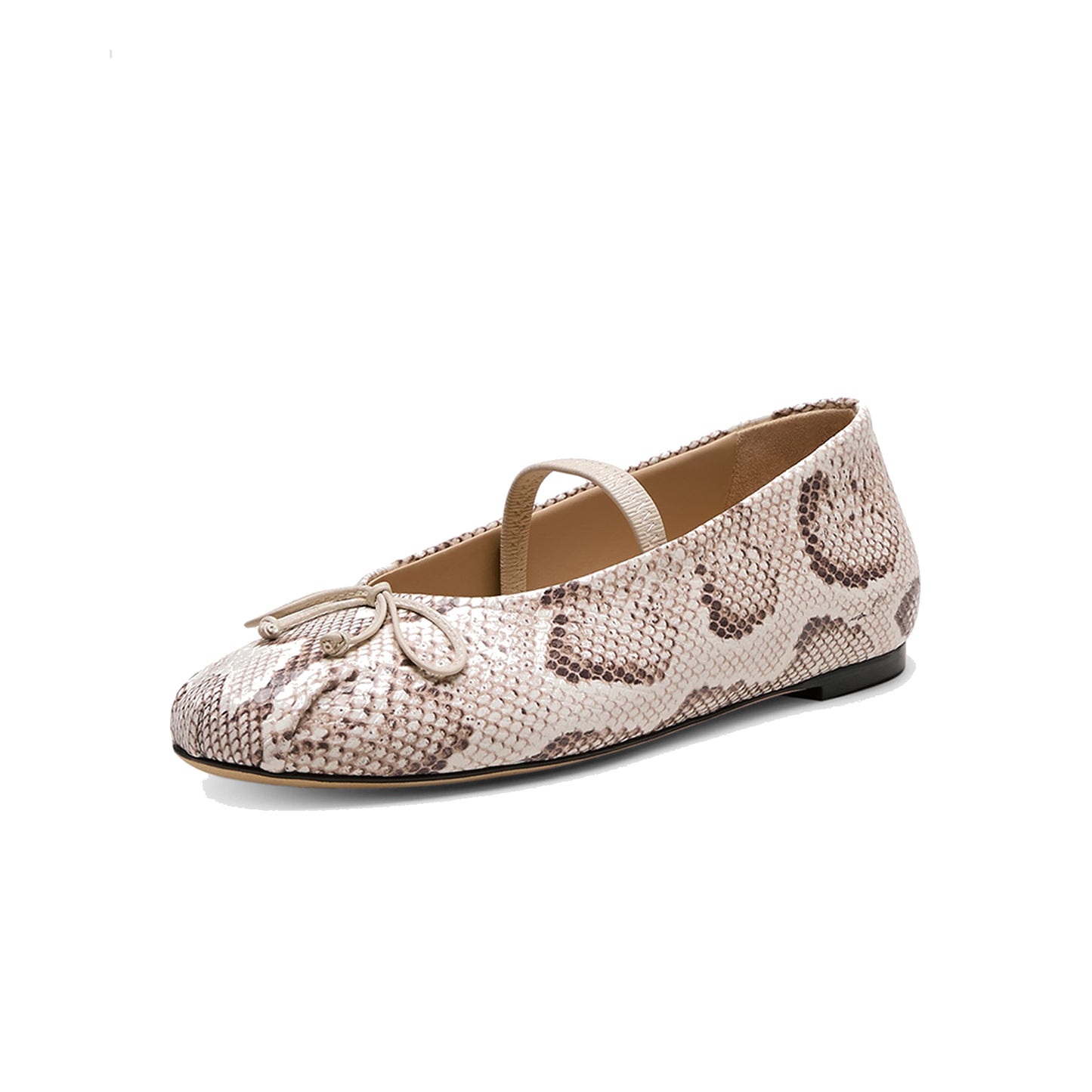 Snakeskin Print Round-Toe Front Bow Mary Jane Ballet Flats