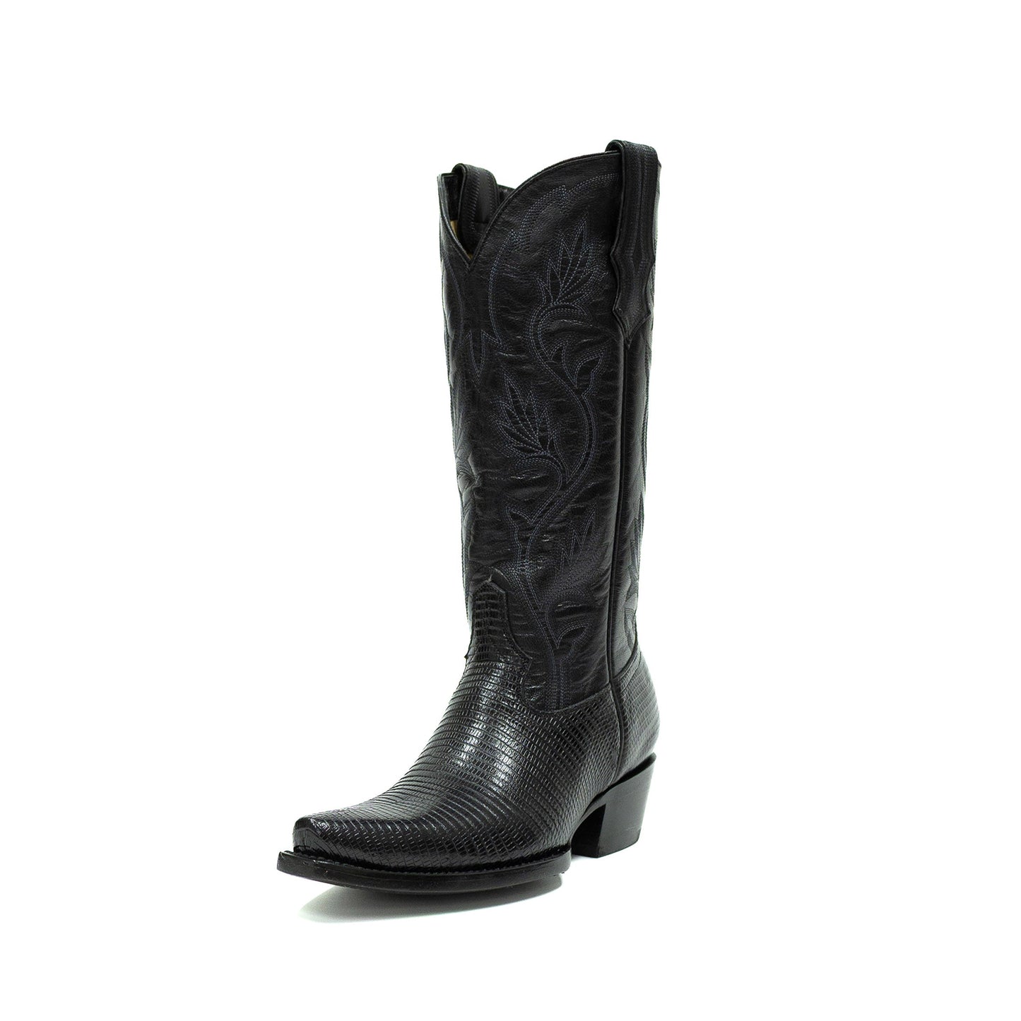 Black Contrast Vegan Leather And Lizard Print Snip-Toe Embroidery Mid Calf Cowgirl Boots
