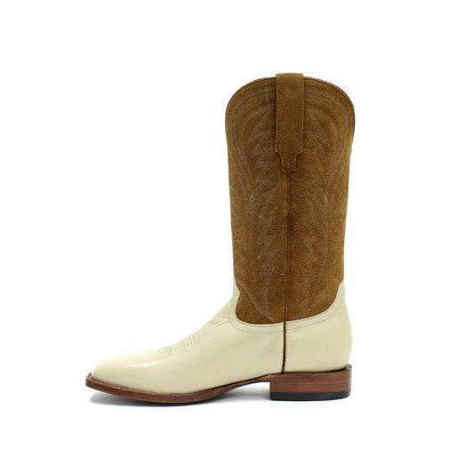 Contrast Brown And Bone Square-Toe Embroidery Mid Calf Cowgirl Boots