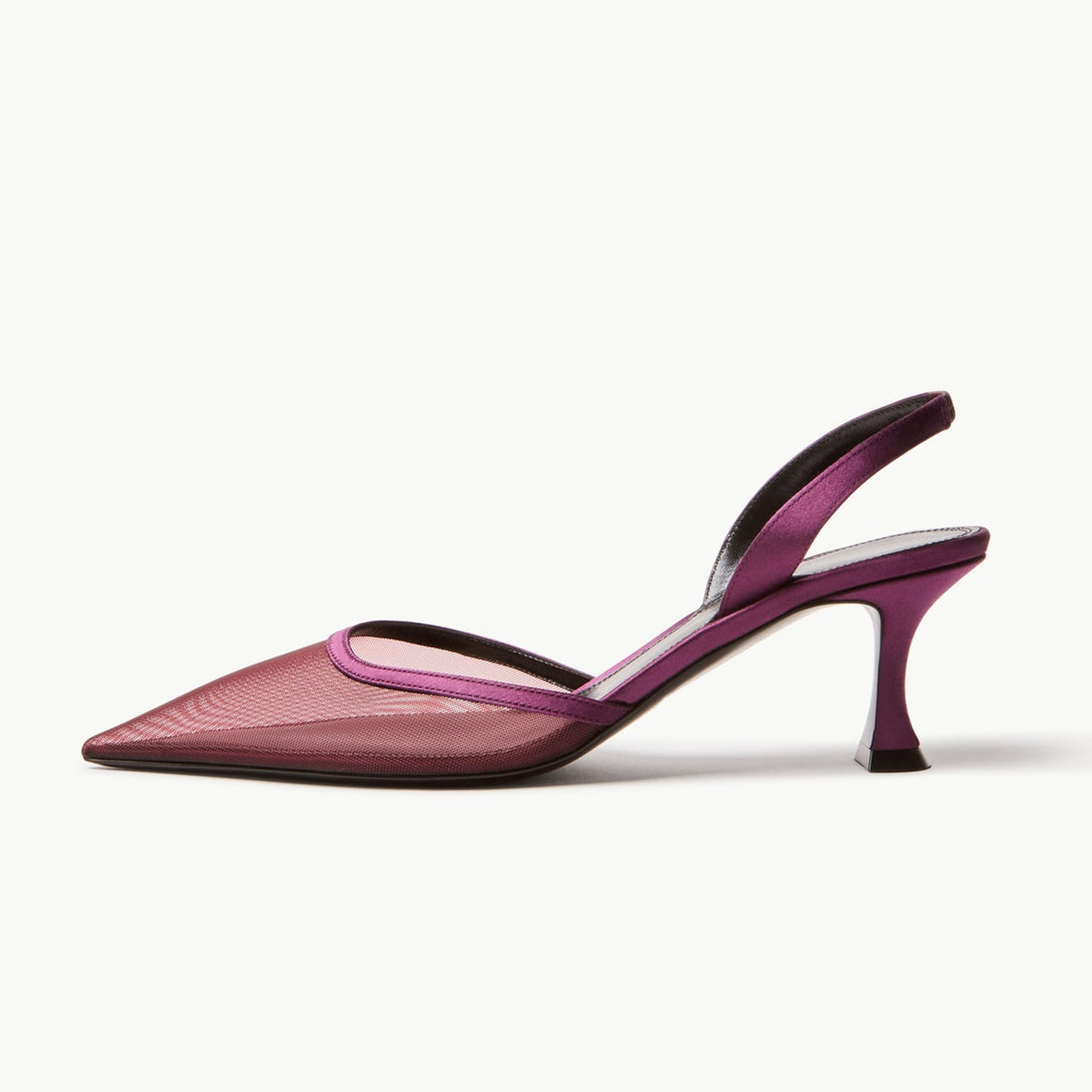 Green Mesh Pointed-Toe Satin Slingback Slip-On Kitten Heels
