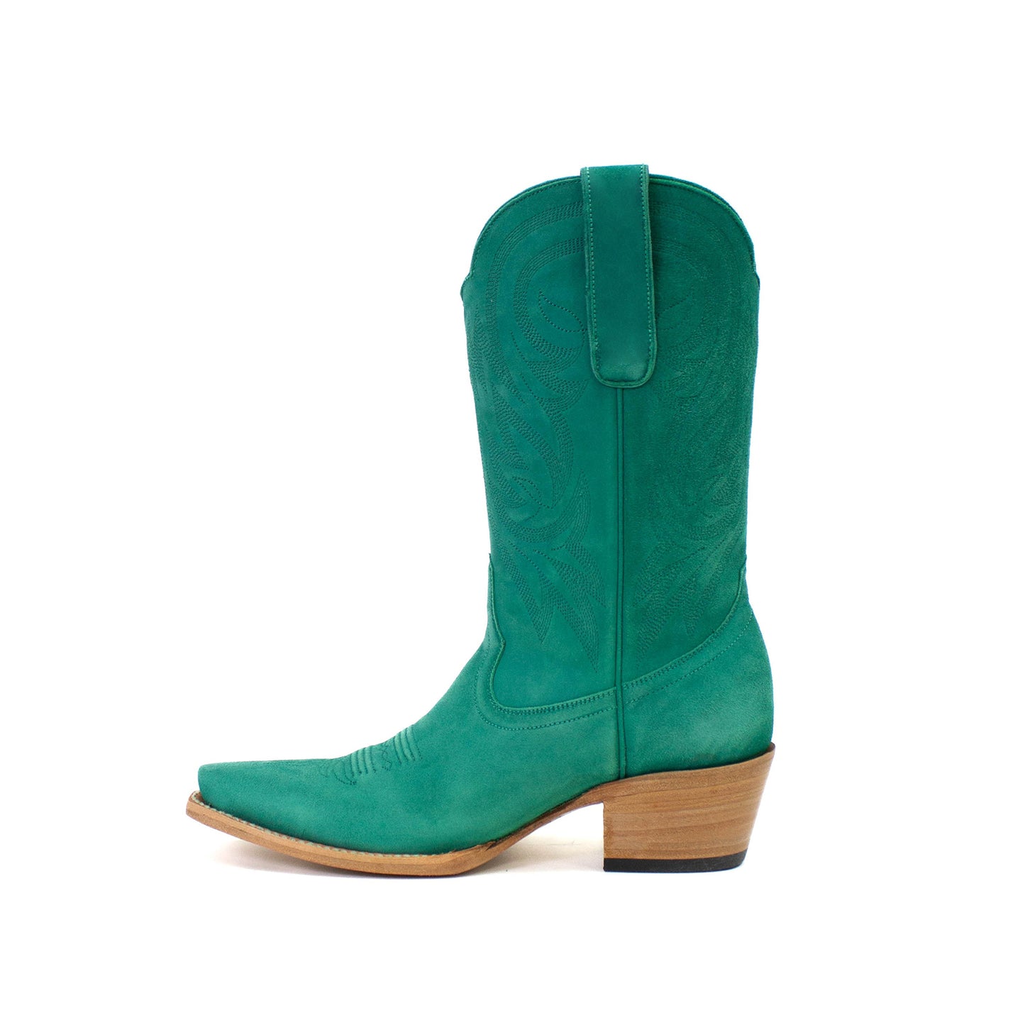 Green Faux Suede Snip-Toe Western Embroidery Mid Calf Cowgirl Boots