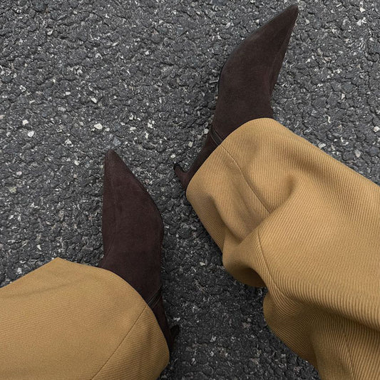 Dark Brown Faux Suede Pointed-Toe Full-Zip Ankle Stiletto Boots