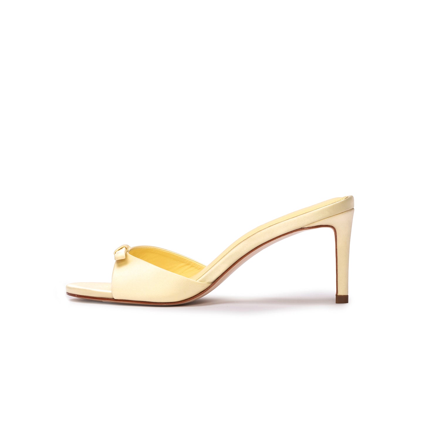 Yellow Satin Round-Toe Front-Bow Backless Kitten Heels