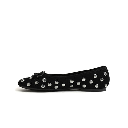 Black Faux Suede Square-Toe Studded Slip-On Flats