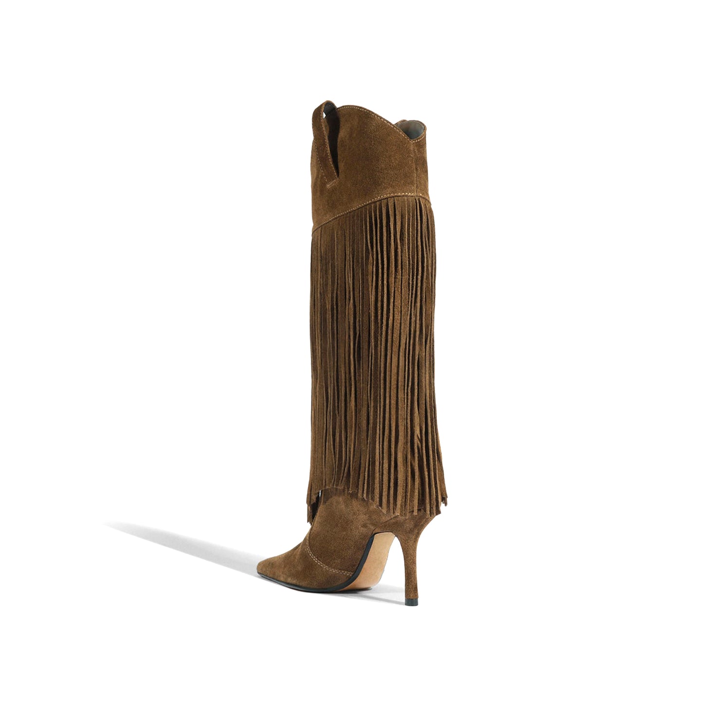 Brown Faux Suede Pointed-Toe Shaft Fringe Mid Calf Stiletto Boots