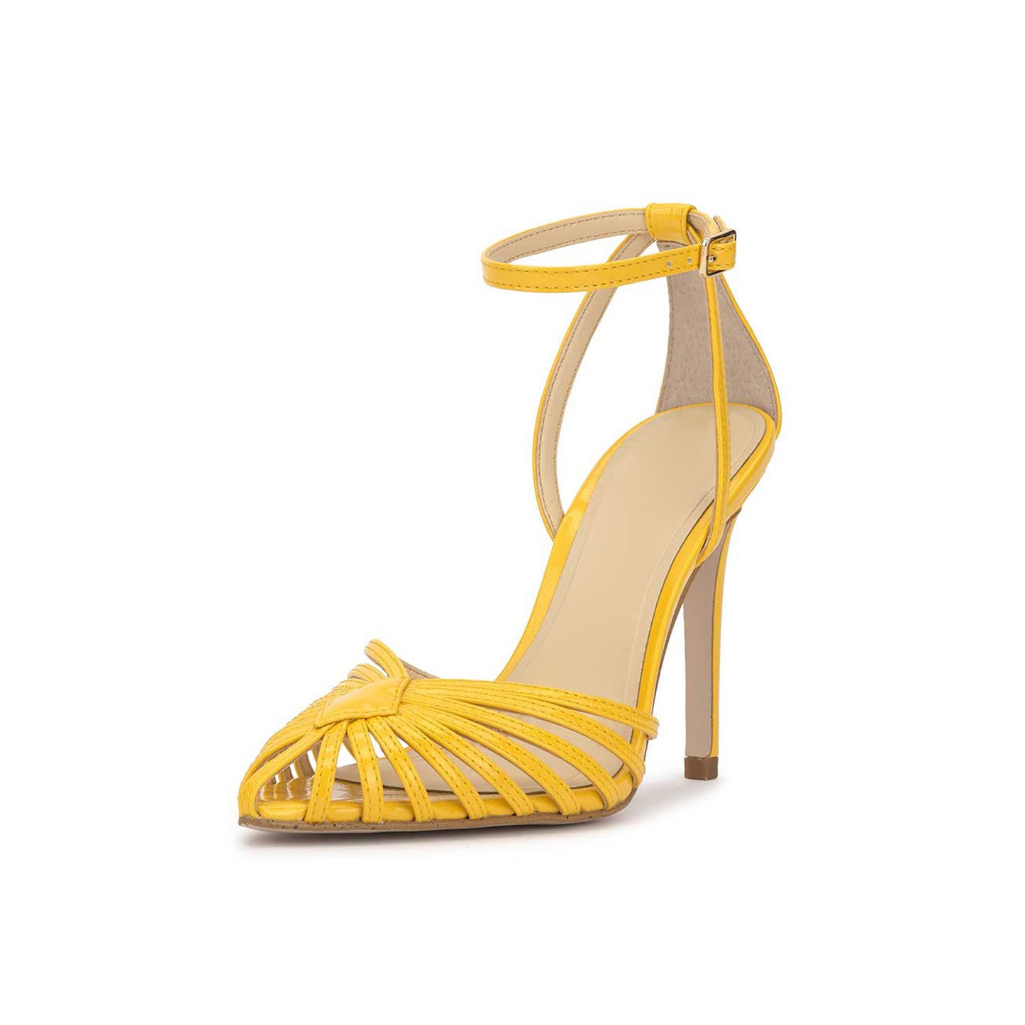 Patent Yellow Pointed-Toe Front Strappy Ankle Strap Pumps High Heels