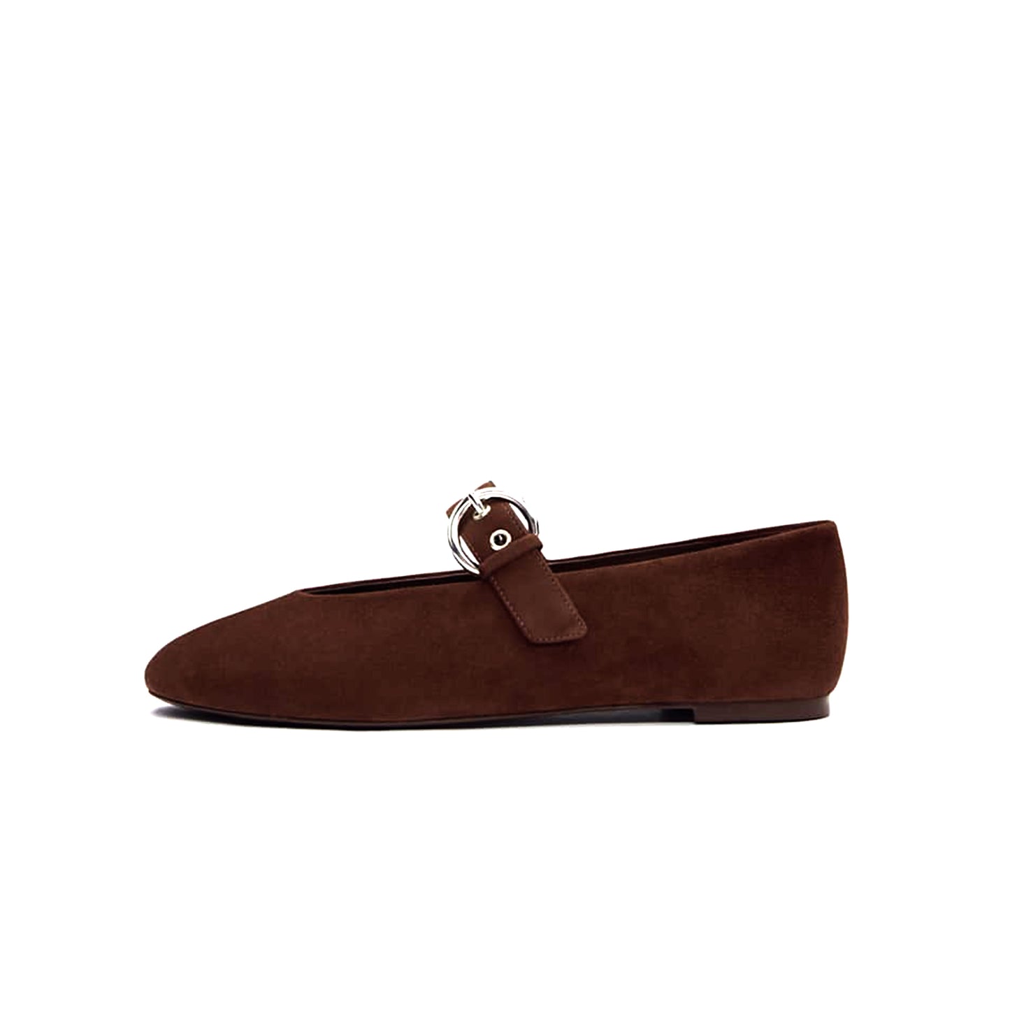 Coffee Faux Suede Square-Toe Classic Buckle Bridge Strap Ballet Flats