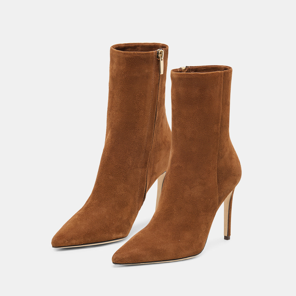 Brown Faux Suede Pointed-Toe Classic Full-Zip Ankle Stiletto Boots
