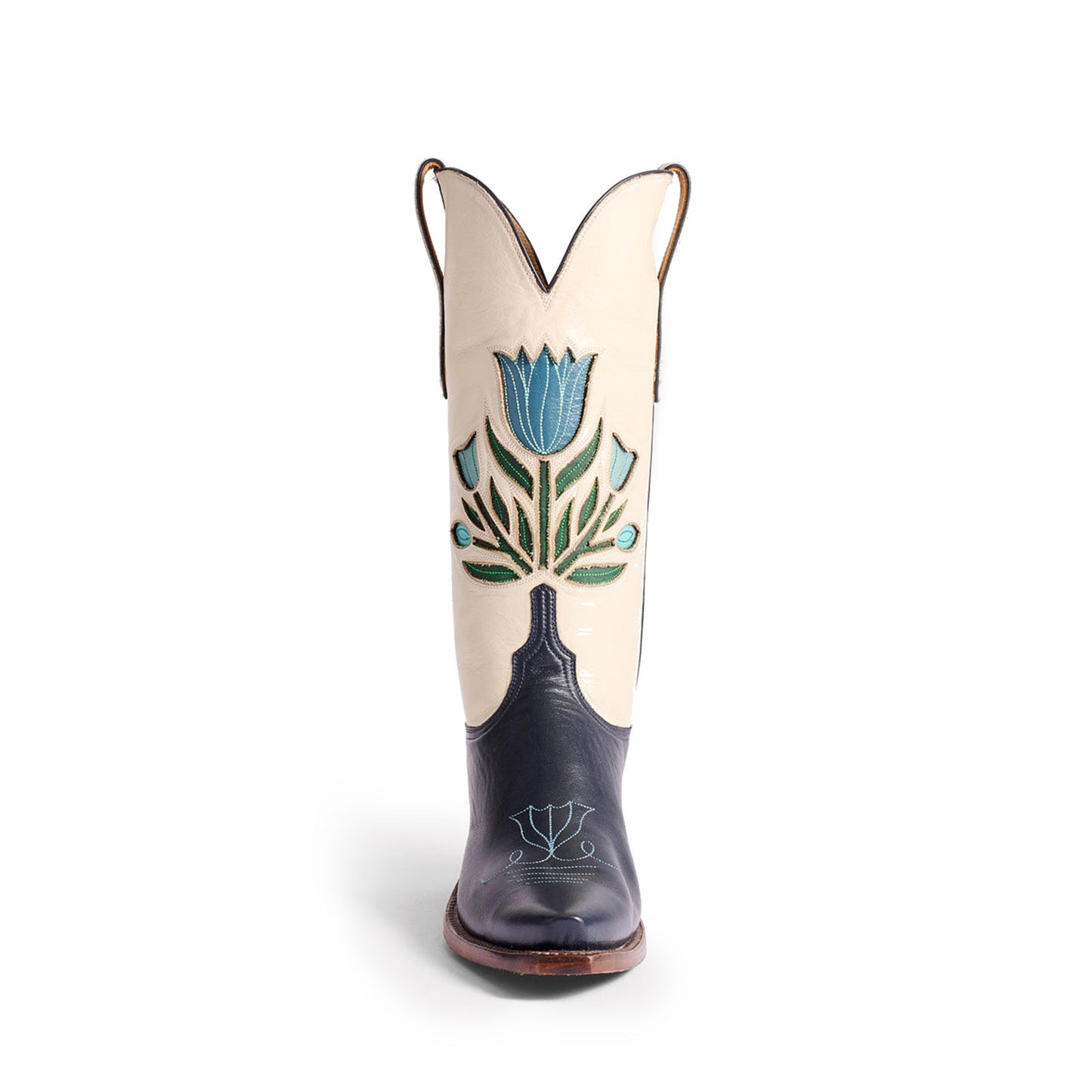 Contrast Cream And Navy Snip-Toe Colorful Tulips Inlay Mid Calf Cowgirl Boots